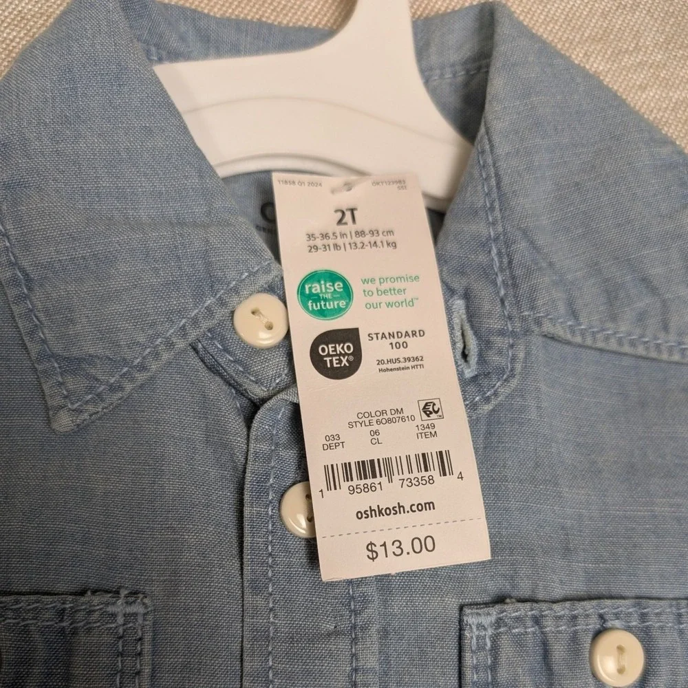 OshKosh Button Down Shirt Toddler 2T Blue NWT Chambray Short Sleeve Pocket